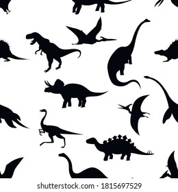 Seamless pattern, silhouettes of dinosaurs in black on a white background, vector illustration