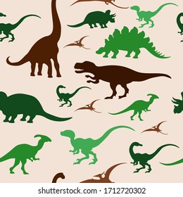 Seamless pattern with silhouettes of dinosaurs. Vector illustration on the topic of paleontology.