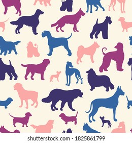 Seamless pattern with silhouettes of dogs of different breeds. For cover design, packaging, textile printing