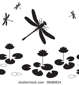 Seamless pattern with silhouettes of dragonflies and lotus.