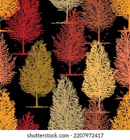 Seamless pattern of silhouettes drawn birch trees in autumn forest