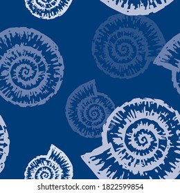 Seamless pattern of silhouettes drawn fossil nautilus