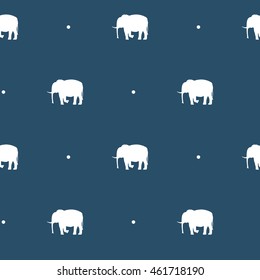Seamless pattern with silhouettes of elephants and polka dots on a Navy blue background