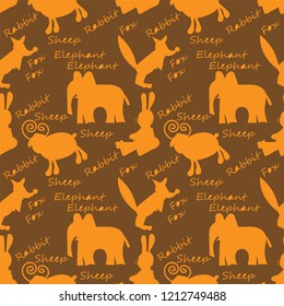 Seamless pattern with silhouettes of elephants, sheep, foxes and rabbits. Vector illustration
