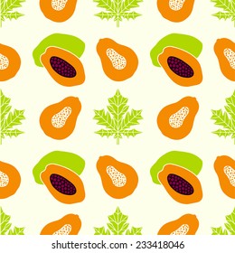 Seamless pattern with silhouettes exotic tropical papaya fruits and leafs. Floral repeating background. Natural print texture. Cloth design. Wallpaper 