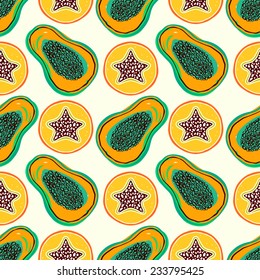 Seamless pattern with silhouettes exotic tropical carambola, star fruits and papaya. Floral repeating background. Natural print texture. Cloth design. Wallpaper 