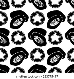 Seamless pattern with silhouettes exotic tropical carambola, star fruits and papaya in black and white. Floral repeating background. Natural print texture. Cloth design. Wallpaper 