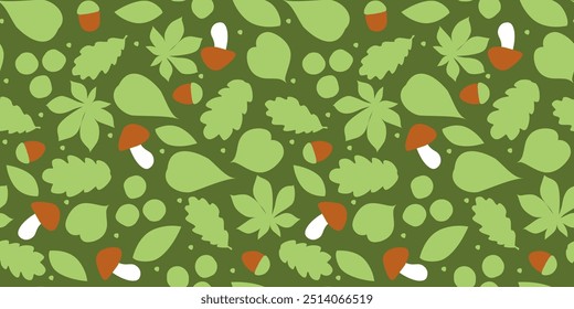 Seamless pattern with silhouettes of falling leaves, mushrooms, acorns. Simple fall nature print. Vector graphics.