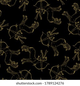 Seamless pattern with silhouettes of female archer centaur shooting bow. Hand drawn linear sketches.