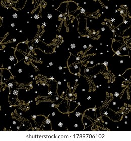 Seamless pattern with silhouettes of female archer centaur shooting bow and snowflakes. Hand drawn linear sketches.