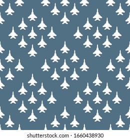 Seamless pattern with silhouettes of fighter aircraft. Can be used for graphic design, textile design or web design.