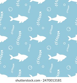 Seamless pattern with silhouettes fish, plant elements and bubble on a light blue background. For textile, fabric, greeting card, invitation