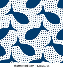 Seamless pattern with silhouettes of fish  in spotted mosaic background.