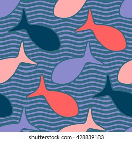Seamless pattern with silhouettes of fish in wavy lined background.