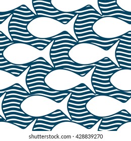 Seamless pattern with silhouettes of fish in wavy lined background.