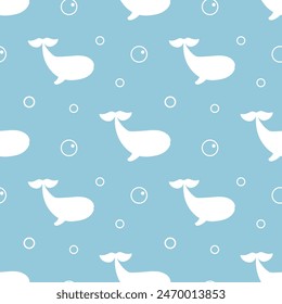 Seamless pattern with silhouettes fish,Whale and bubble on a light blue background. For textile, fabric, greeting card, invitation