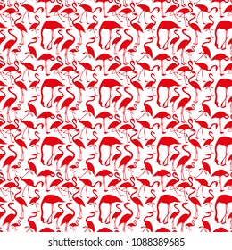 Seamless pattern with silhouettes of flamingos on white background.