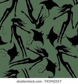 Seamless pattern with silhouettes of floating naked girl with long loose hair and manta ray. 
