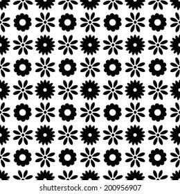 Seamless pattern with silhouettes flowers in black and white. Floral abstract repeating background. Endless print texture. Fabric design. Wallpaper - vector 