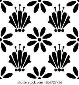 Seamless pattern with silhouettes flowers in black and white. Floral abstract monochrome repeating background. Endless print texture. Fabric design. Wallpaper - vector 