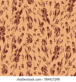 Seamless pattern with silhouettes of flowers and branches with leaves. Irises with large buds. 
Pattern for single brocade.
