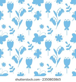 Seamless pattern with silhouettes of flowers and butterflies in doodle style.