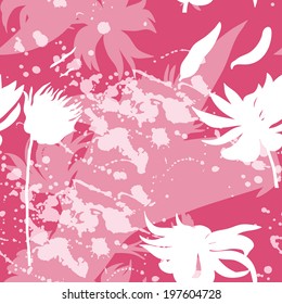Seamless pattern with silhouettes of flowers, ink-stained and petals