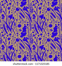Seamless pattern. Silhouettes of flowers and plants. Blue and beige
