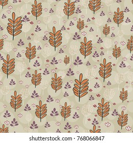 Seamless pattern with silhouettes of flowers and plants. Hand drawn floral illustration. Vector herbal ornament. Good for surface design, textile, fabric, wrapping paper, covers. Trendy colours.