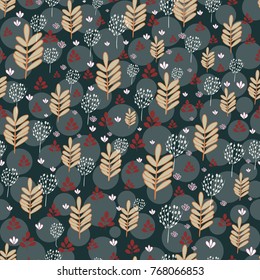 Seamless pattern with silhouettes of flowers and plants. Hand drawn floral illustration. Vector herbal ornament. Good for surface design, textile, fabric, wrapping paper, covers. Trendy colours.