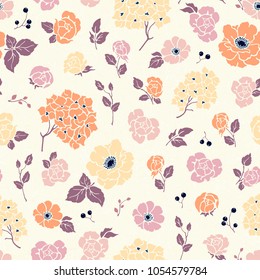 Seamless pattern of silhouettes with flowers Roses, Hydrangea, leaves and branches. Vector floral illustration in pastel colors on texture background.