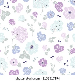 Seamless pattern of silhouettes with flowers Roses, Hydrangea, leaves and branches. Vector floral illustration in pastel colors on white background.