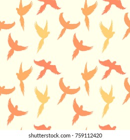 Seamless pattern with silhouettes of flying parrots. Vector image in orange color.