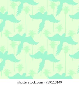 Seamless pattern with silhouettes of flying parrots against a tropical garden background. Vector image in green color.