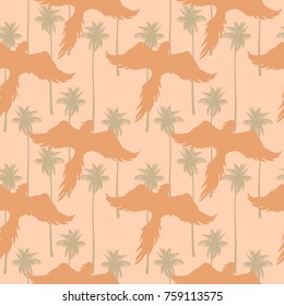 Seamless pattern with silhouettes of flying parrots against a tropical garden background. Vector image in orange color.