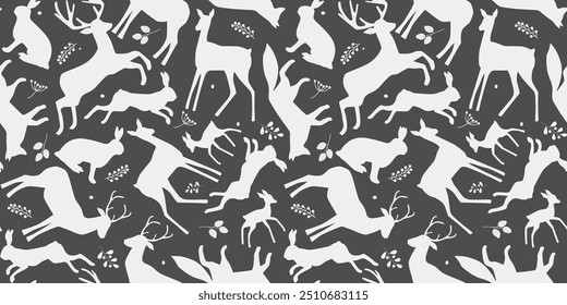 Seamless pattern with silhouettes of forest animals. Abstract hares, deer, foxes, fawns, on a monochrome print. Vector graphics.