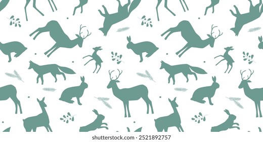 Seamless pattern with silhouettes of forest animals. Deer, hares, foxes on a monochrome print. Vector graphics.
