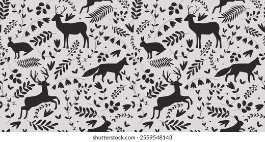 Seamless pattern with silhouettes of forest animals, plants, flowers. Abstract deer, hares, foxes in monochrome print. Vector graphics.