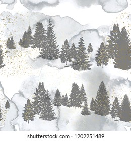 Seamless pattern with silhouettes forest trees and watercolor texture.Vector illustration