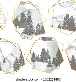 Seamless pattern with silhouettes forest trees,gold geometric shapes and watercolor texture.Vector illustration