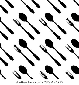 Seamless pattern with silhouettes of forks and spoons, decorative background in black and white