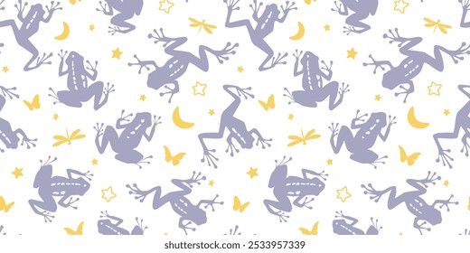 Patrón sin fisuras con siluetas de una rana sobre un fondo de estrellas, cielo, luna, libélulas y mariposas. Abstractas estampado de fantasía con anfibios. Gráficos de Vector.