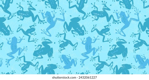 Patrón sin costuras con siluetas de ranas. Estampado abstracto con anfibios en el agua. Gráficos vectoriales.