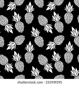 Seamless pattern with silhouettes fruits pineapples in black and white. Hand drawn repeating background. Tropical tiling texture. Cloth art design