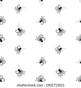 Seamless pattern of silhouettes funny cartoon octopuses