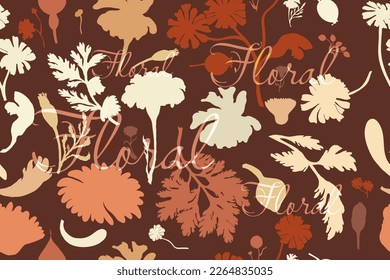 Patrón sin foco con siluetas de flores de jardín. Flores claras de color sepia aisladas en el fondo verde. Partes dibujadas a mano de la caléndula, la camomila, la fruta de la rosa y la palabra de arriba.