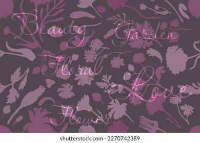 Seamless pattern with silhouettes of garden flowers. Pastel-colored flowers are isolated on the dark background. Hand-drawn parts of the marigold, calendula, chamomile, rose fruits, and word above.