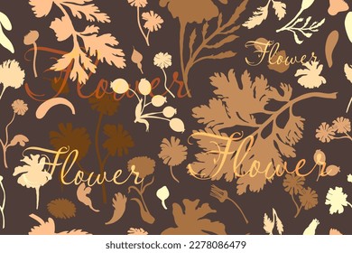 Seamless pattern with silhouettes of garden flowers. Sepia-colored flower parts isolated on the brown background. Hand-drawn parts of the marigold, calendula, chamomile, rose fruits, and word above.