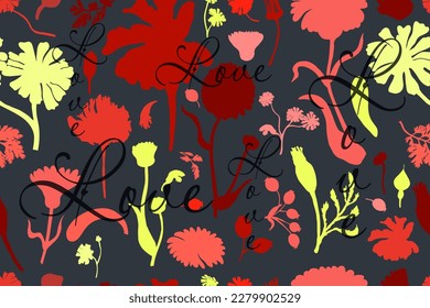 Patrón sin foco con siluetas de flores de jardín. Las flores de colores están aisladas en un fondo oscuro. Partes dibujadas a mano de la caléndula, la camomila, la fruta de la rosa y una palabra más arriba.