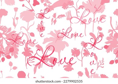 Patrón sin foco con siluetas de flores de jardín. Las flores de color pastel están aisladas en un fondo blanco. Partes dibujadas a mano de la caléndula, la camomila, la fruta de la rosa y la palabra de arriba.